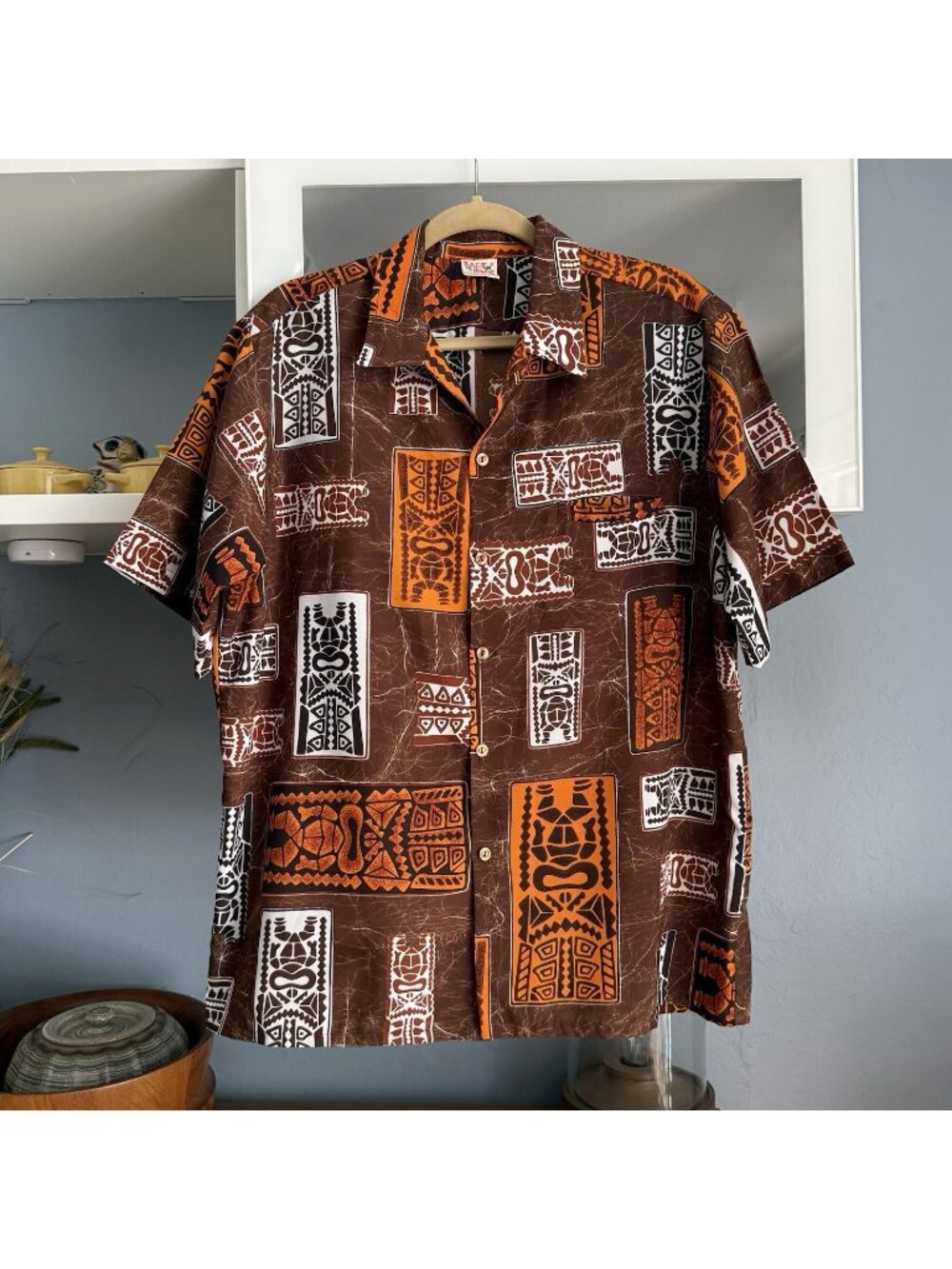 Vtg Barefoot In Paradise Hawaiian Tiki Aloha Shirt Hawaii Polyester 60s 70s